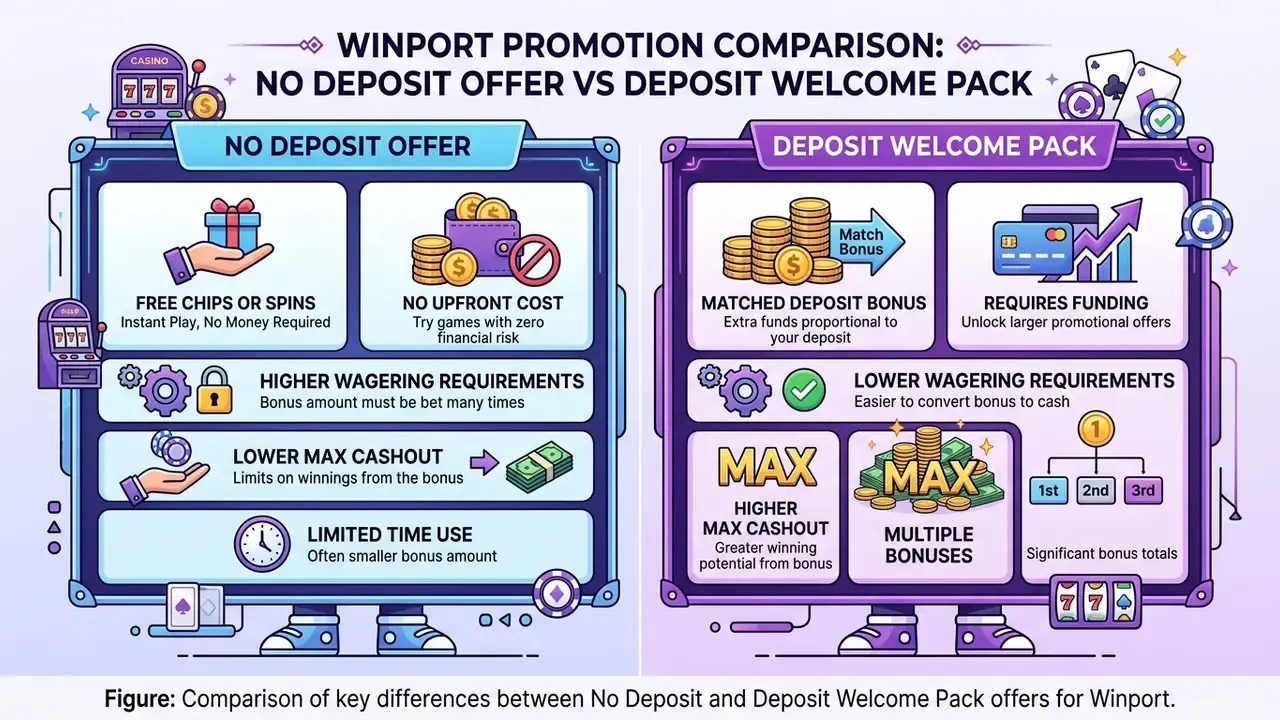 Comparison of Winport no deposit and deposit bonus terms