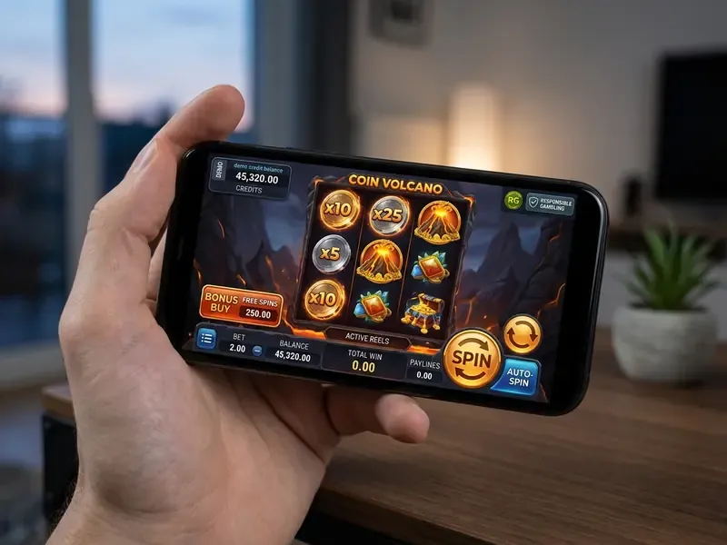 coin volcano mobile slot interface showing demo mode controls and bonus buy shortcut