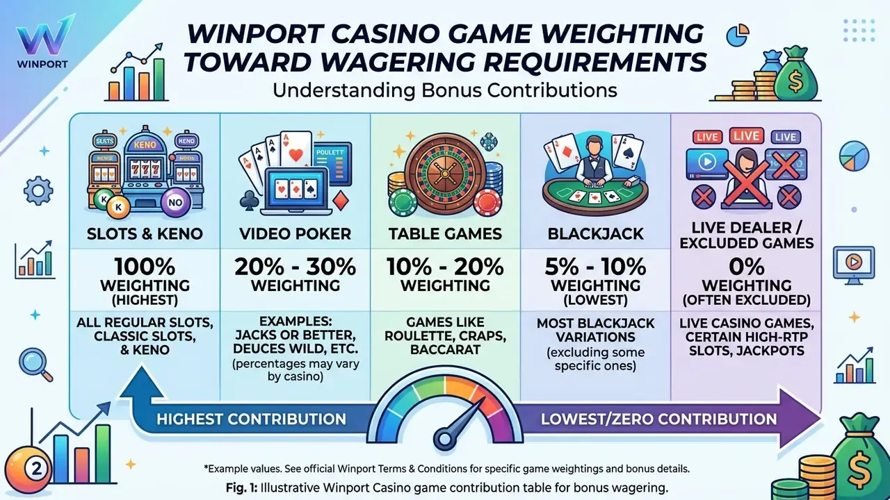 Winport Casino game contribution table for bonus wagering